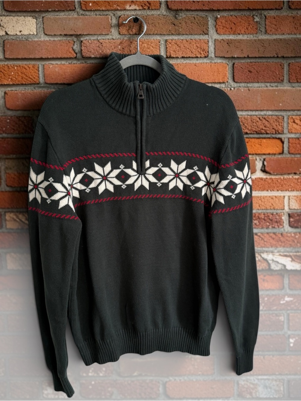 Weatherproof Black Half-Zip Sweater with White Snowflake and Red Accents